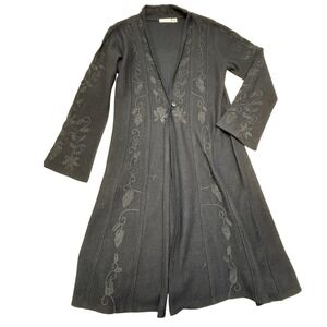 Vintage Black 100% Wool Embroidered Longline Cardigan Sweater Whitewash